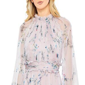 Mac Duggal floral lilac ruched ruffle tiered puff sleeve gown dress size 8